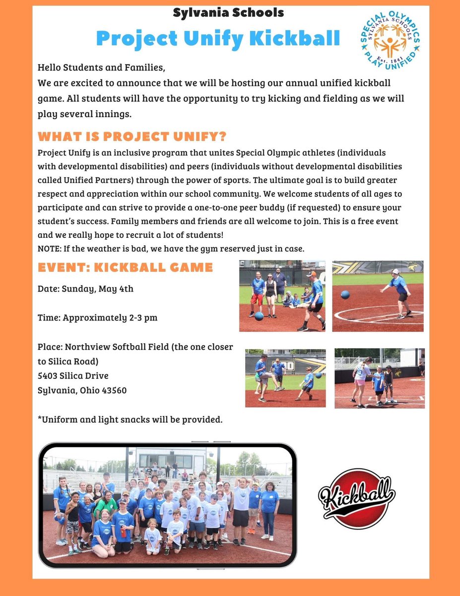SylProjectUnify's tweet image. Project Unify Kickball will be on May 4th. We hope you can join us. We would LOVE for more of our unified peers to join. Sign up here- docs.google.com/forms/d/e/1FAI…