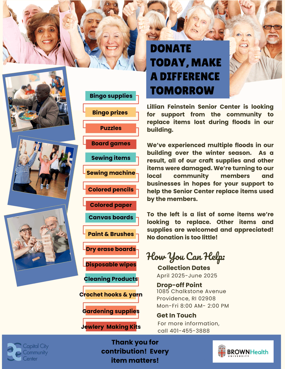 Our neighbors at the Lillian Feinstein Senior Center are looking for support from the community to replace items lost during floods in their building that happened over the winter. See their flyer for details. Every little bit helps!