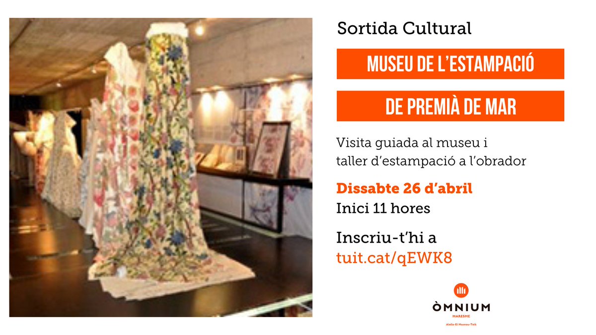 El museu de Premià de Mar és l’únic museu especialitzat en l’estampació tèxtil. 
Acompanya'ns en aquesta visita cultlural el mes d'abril! 
🔗Inscripcions: tuit.cat/qEWK8