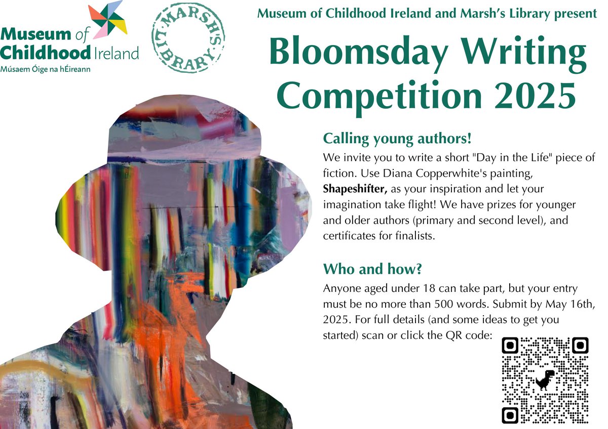 Museum of Childhood Irl,Músaem Óige na hÉireann (@museumofci) on Twitter photo 📢 Bloomsday Young Author Competition! Together with <a href="/MarshsLibrary/">Marsh's Library</a>, we are delighted to present our annual #Bloomsday Comp for U18 school goers.....great prizes for students and schools.
🔗museumofchildhood.ie/bloomsday-2025… <a href="/jcsplibraries/">JCSP Library Project</a> <a href="/IPPN_Education/">IPPN</a> <a href="/INOTEnews/">INOTE</a> <a href="/KidsBooksIrel/">Children's Books Ireland</a> 📢 Bloomsday Young Author Competition! Together with <a href="/MarshsLibrary/">Marsh's Library</a>, we are delighted to present our annual #Bloomsday Comp for U18 school goers.....great prizes for students and schools.
🔗museumofchildhood.ie/bloomsday-2025… <a href="/jcsplibraries/">JCSP Library Project</a> <a href="/IPPN_Education/">IPPN</a> <a href="/INOTEnews/">INOTE</a> <a href="/KidsBooksIrel/">Children's Books Ireland</a>