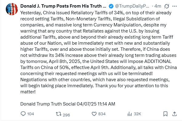 AustralRes's tweet photo. 🚨🇺🇸🇨🇳| Trump en Truth Social: Si China no retira su aumento arancelario del 34% antes de mañana, 8 de abril, Estados Unidos impondrá "aranceles ADICIONALES a China del 50%, a partir del 9 de abril". https://t.co/LgewNwOTii