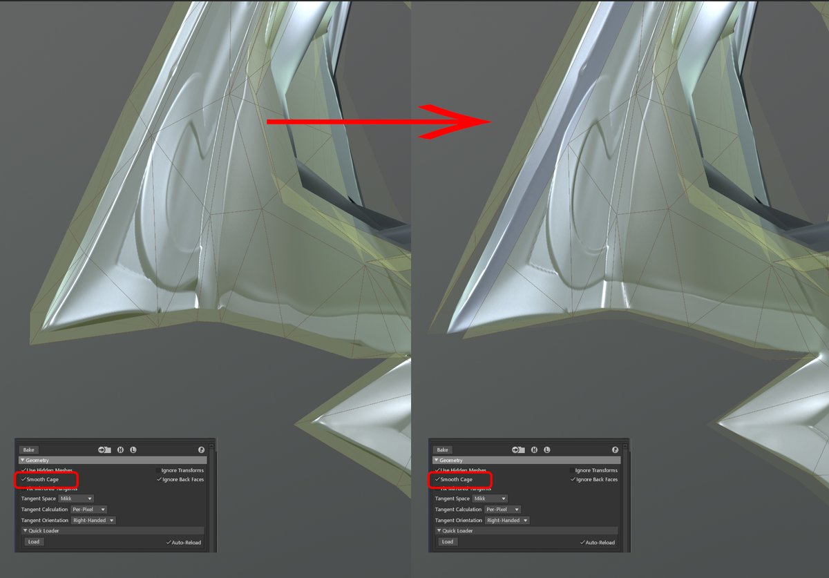 I did a free addon for <a href="/Blender/">Blender 🔶</a> 3D which helps with <a href="/marmosetco/">Marmoset</a> baking a bit. Remember that Smooth Cage merges hard edges? No more of this, with quick Blender Addon. Keep them sharp, and non-destructive.
Buy Split &amp; Inflate Marked edges on @Gumroad rootbone.gumroad.com/l/smooth-cage-…