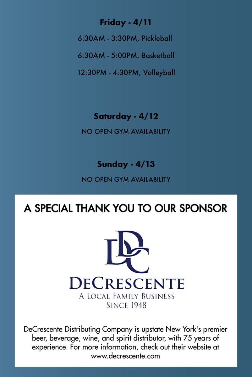 Happy Monday, everyone!🌨️

Here’s your Open Gym Schedule for the week (4/7–4/13). Let’s make it a great one! 

Big thanks to our sponsor, DeCrescente, for their continued support!🙌

#monday #opengym #WeeklySchedule #ImpactAthleticCenter #halfmoon