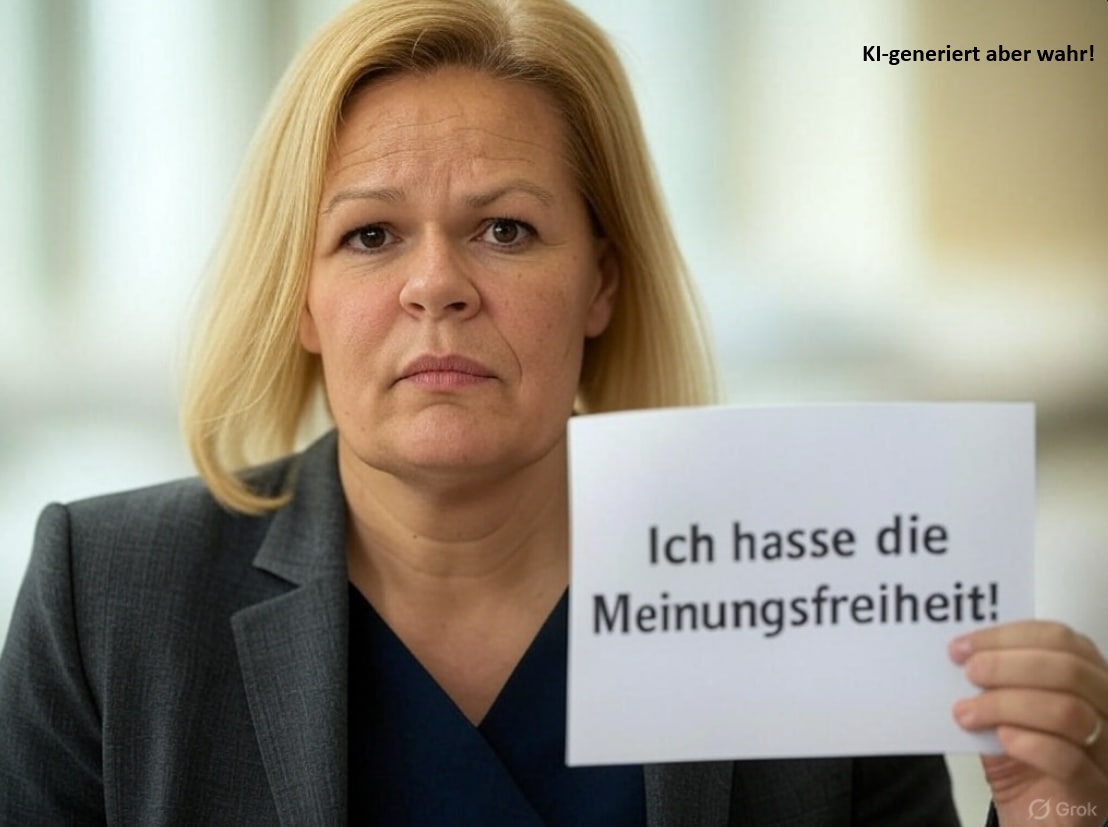 Nancy Faeser hasst die Meinungsfreiheit!

7 Monate Freiheitsstrafe auf Bewährung für Deutschland-Kurier-Chefredakteur <a href="/David_Bendels/">David Bendels</a> für eine Fotomontage, die die Innenministerin Nancy Faeser mit der Aussage „Ich hasse die Meinungsfreiheit“ abbildet, zeigen, dass sich in