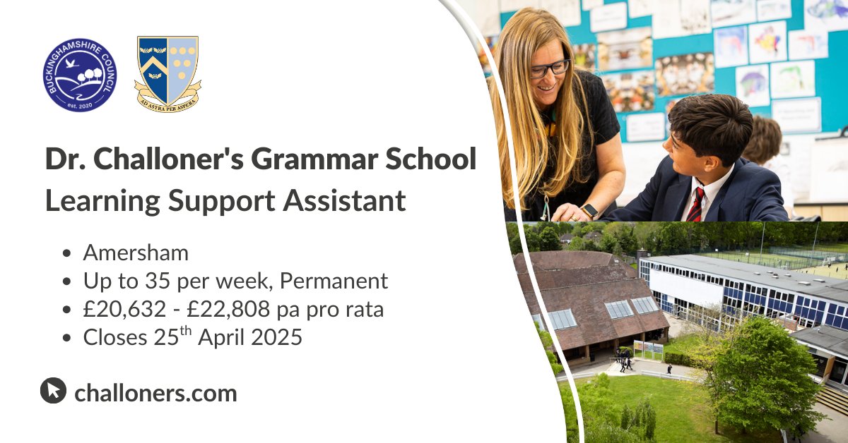 teachbucks's tweet image. Dr Challoner's Grammar School seek to recruit a Learning Support Assistant. The successful candidate will provide support for students with Special Educational Needs, facilitating their learning. Apply: ow.ly/fRrI50VvQEC
#LearningSupportAssistant #JobsinSchools #Education