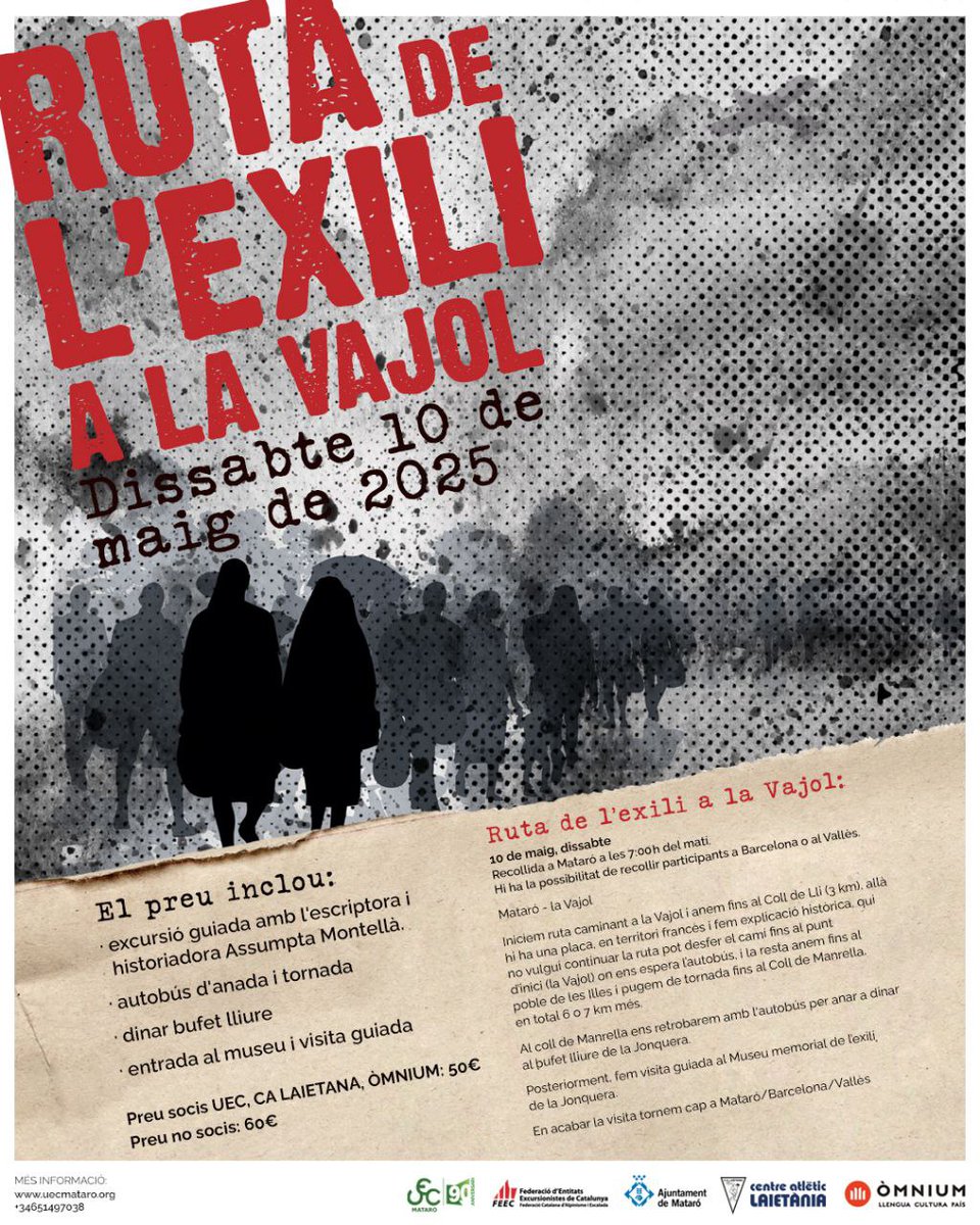 Resseguim el camí que va dur milers de republicans a l’exili francès durant la Guerra Civil Espanyola. Amb sortida des de Mataró en autobús, es seguirà la ruta en una excursió guiada per la historiadora Assumpta Montellà. 
📅 Dissabte 10 de maig 
📷Reserves a la UEC (651 497 038)