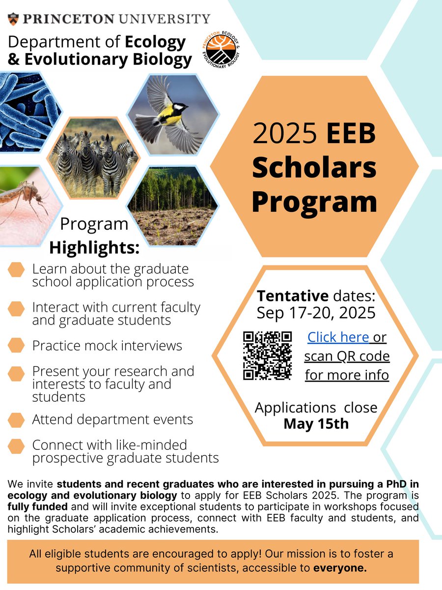 The EEB Scholars 2025 is a fully funded program that aims to demystify the EEB grad school application process and give you the tools to confidently apply! Applications are now open: eeb.princeton.edu/graduate/eeb-s…