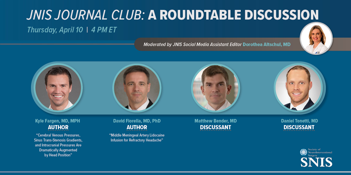 SNIS Info (@snisinfo) on Twitter photo The next <a href="/JNIS_BMJ/">JNIS</a> Journal Club is Thursday, 4/10 at 4pm ET. Authors Kyle Fargen, MD, MPH and David Fiorella, MD, PhD will sit down with JNIS Social Media Assistant Editor <a href="/DrAltschul/">Dorothea Altschul MD FAHA FSVIN</a> with discussants <a href="/mtbendermd/">Matt Bender</a> and <a href="/DanTonettiMD/">Dan Tonetti</a>.
Register: register.gotowebinar.com/register/66101… The next <a href="/JNIS_BMJ/">JNIS</a> Journal Club is Thursday, 4/10 at 4pm ET. Authors Kyle Fargen, MD, MPH and David Fiorella, MD, PhD will sit down with JNIS Social Media Assistant Editor <a href="/DrAltschul/">Dorothea Altschul MD FAHA FSVIN</a> with discussants <a href="/mtbendermd/">Matt Bender</a> and <a href="/DanTonettiMD/">Dan Tonetti</a>.
Register: register.gotowebinar.com/register/66101…