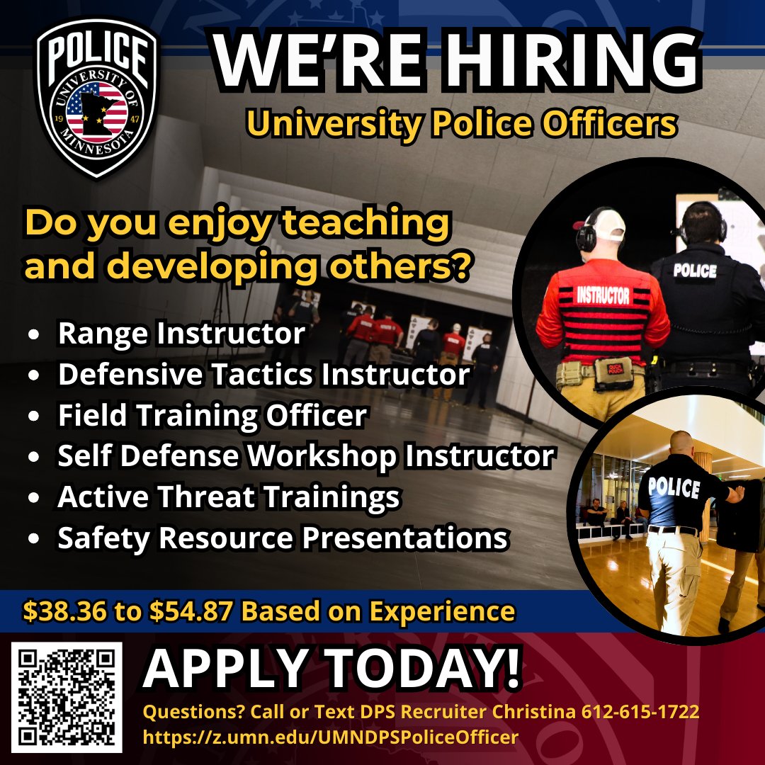 🚨🚔"We're Shaping the Future of Officers through Advanced Training and Development!" 🚨🚔 We’re looking for dedicated individuals who are driven to make a positive impact in the University Community. $38.36 to $54.87 Based on Experience! z.umn.edu/UMNDPSPoliceOf…
