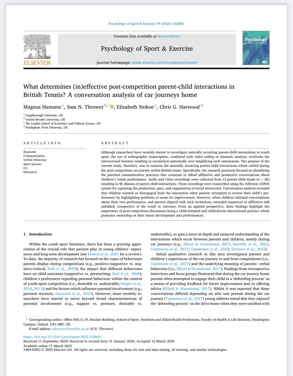 New paper exploring what determines (in)effective post competition parent-child interactions in youth sport! We also explain what CA is, why conversation analysts don't make ontological or epistemological claims, and how CA papers could/should be judged! 🎥🎾🚘