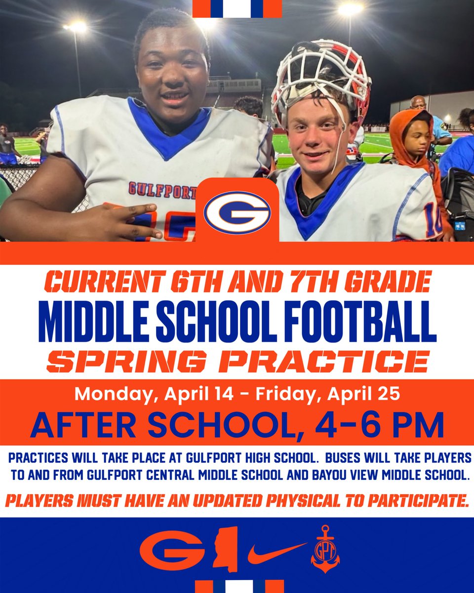 🚨⚓️🚨⚓️REMINDER⚓️🚨⚓️🚨

Middle school spring football practice starts next week!!!

<a href="/hooyah_ad/">Admiral AD</a> 

#Hooyah | #OneGPT