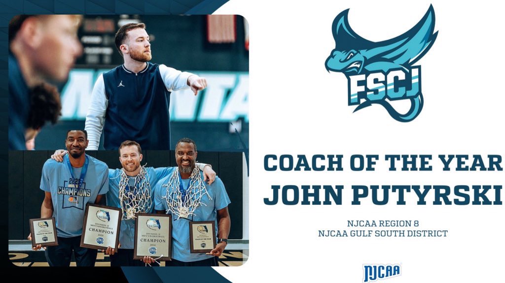 FSCJ Menโs Basketball (@fscjmbb) on Twitter photo <a href="/NJCAA/">NJCAA</a> <a href="/FSCJ_Official/">FSCJ</a> <a href="/fscjmantarays/">FSCJ Athletics</a> <a href="/TheFCSAA/">FCSAA</a> <a href="/NJCAABasketball/">NJCAA Basketball</a> Consecutive record-breaking seasons for our Coach of the Year <a href="/JohnPutyrski/">John Putyrski</a> !
โ๏ธ 58 wins in two seasons
โ๏ธ First two national tournament appearances in school history
โ๏ธ 2x <a href="/NJCAA/">NJCAA</a> Gulf South District COTY
โ๏ธ 2x <a href="/TheFCSAA/">FCSAA</a> Region 8 COTY
โ๏ธ NJCAA All-Academic Team
โ๏ธ Program-record <a href="/NJCAA/">NJCAA</a> <a href="/FSCJ_Official/">FSCJ</a> <a href="/fscjmantarays/">FSCJ Athletics</a> <a href="/TheFCSAA/">FCSAA</a> <a href="/NJCAABasketball/">NJCAA Basketball</a> Consecutive record-breaking seasons for our Coach of the Year <a href="/JohnPutyrski/">John Putyrski</a> !
โ๏ธ 58 wins in two seasons
โ๏ธ First two national tournament appearances in school history
โ๏ธ 2x <a href="/NJCAA/">NJCAA</a> Gulf South District COTY
โ๏ธ 2x <a href="/TheFCSAA/">FCSAA</a> Region 8 COTY
โ๏ธ NJCAA All-Academic Team
โ๏ธ Program-record