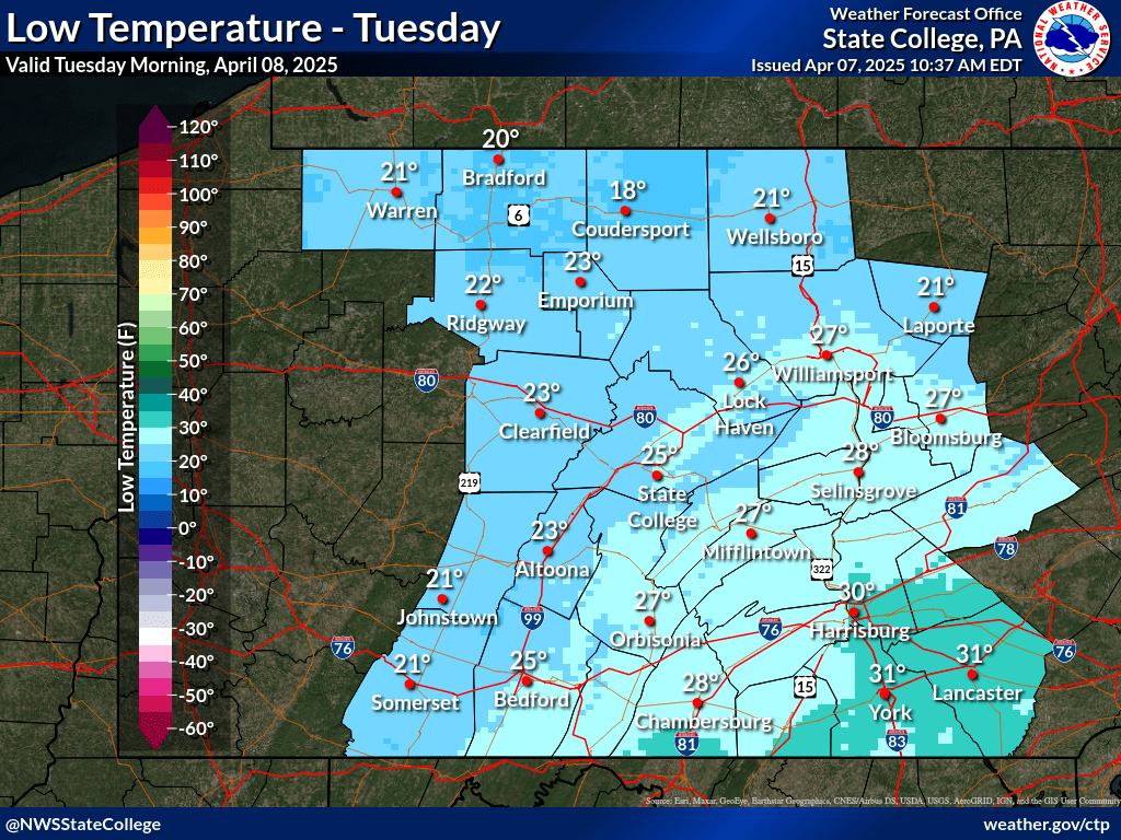 NWSStateCollege's tweet photo. A chilly night is in store across central PA. Although the growing season has not officially begun, green-up is a bit ahead of schedule across portions of southern PA. If possible, take steps to protect sensitive vegetation from the cold. #ctpwx https://t.co/epLzgGaxCC