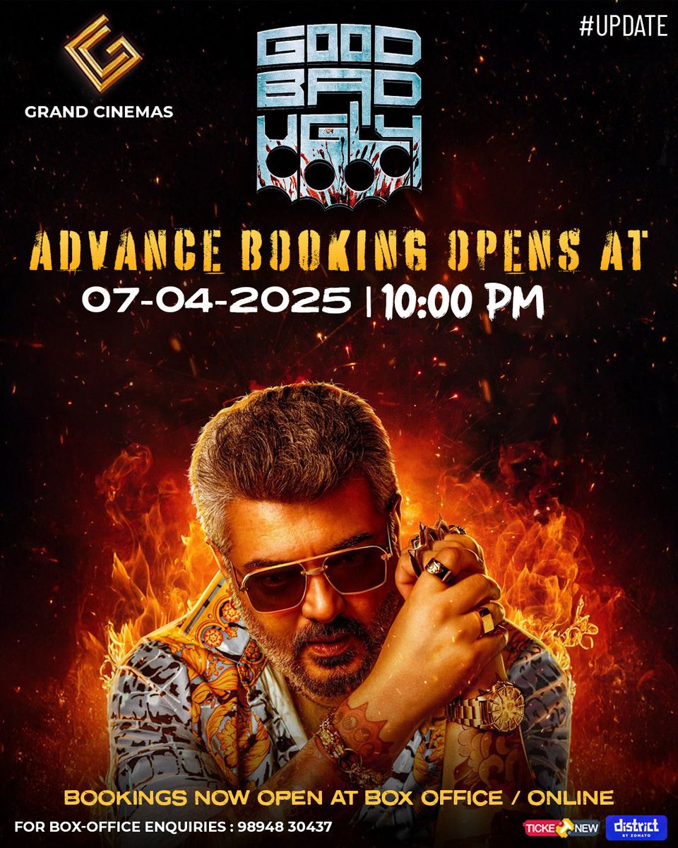 cinemas_grand's tweet photo. #GoodBadUgly #GoodBadUglyFromApril10 #ThalaFan #Ajithkumar𓃵
#GrandCinemasHosur #districtbyZOMATO
Box office will be open upto 12 MN today. https://t.co/bDEjitaqth