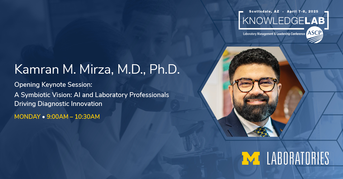 Michigan Medicine Laboratories (MLabs) (@mlabsum) on Twitter photo Starting at 9am (MST) watch Dr. Mirza present as the keynote speaker: A Symbiotic Vision: AI and Laboratory Professionals Driving Diagnostic Innovation. <a href="/KMirza/">Kamran Mirza MD PhD - کامران مرزا</a> #ASCP #Knowledgelab #Pathology Starting at 9am (MST) watch Dr. Mirza present as the keynote speaker: A Symbiotic Vision: AI and Laboratory Professionals Driving Diagnostic Innovation. <a href="/KMirza/">Kamran Mirza MD PhD - کامران مرزا</a> #ASCP #Knowledgelab #Pathology