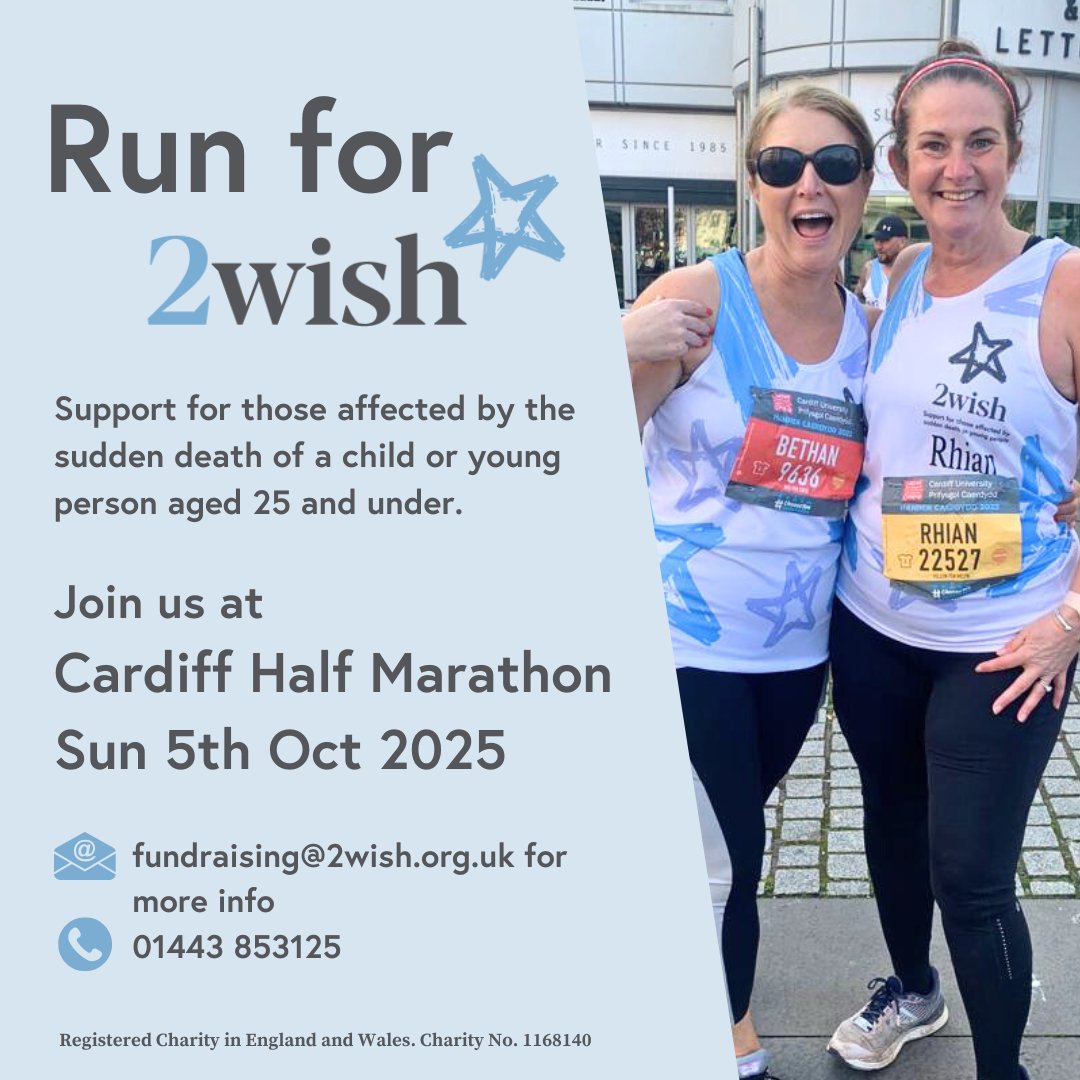 Cardiff Half ๐ด๓ ง๓ ข๓ ท๓ ฌ๓ ณ๓ ฟ (@cardiffhalf) on Twitter photo Run for <a href="/2wishcymru/">2wish Cymru</a> in the Cardiff Half 2025 ๐โโ๏ธ๐
Help us raise funds and awareness to ensure that all those affected by the sudden death of a child or young adult receive the bereavement support they deserve.
Please contact fundraising@2wish.org.uk to register Run for <a href="/2wishcymru/">2wish Cymru</a> in the Cardiff Half 2025 ๐โโ๏ธ๐
Help us raise funds and awareness to ensure that all those affected by the sudden death of a child or young adult receive the bereavement support they deserve.
Please contact fundraising@2wish.org.uk to register