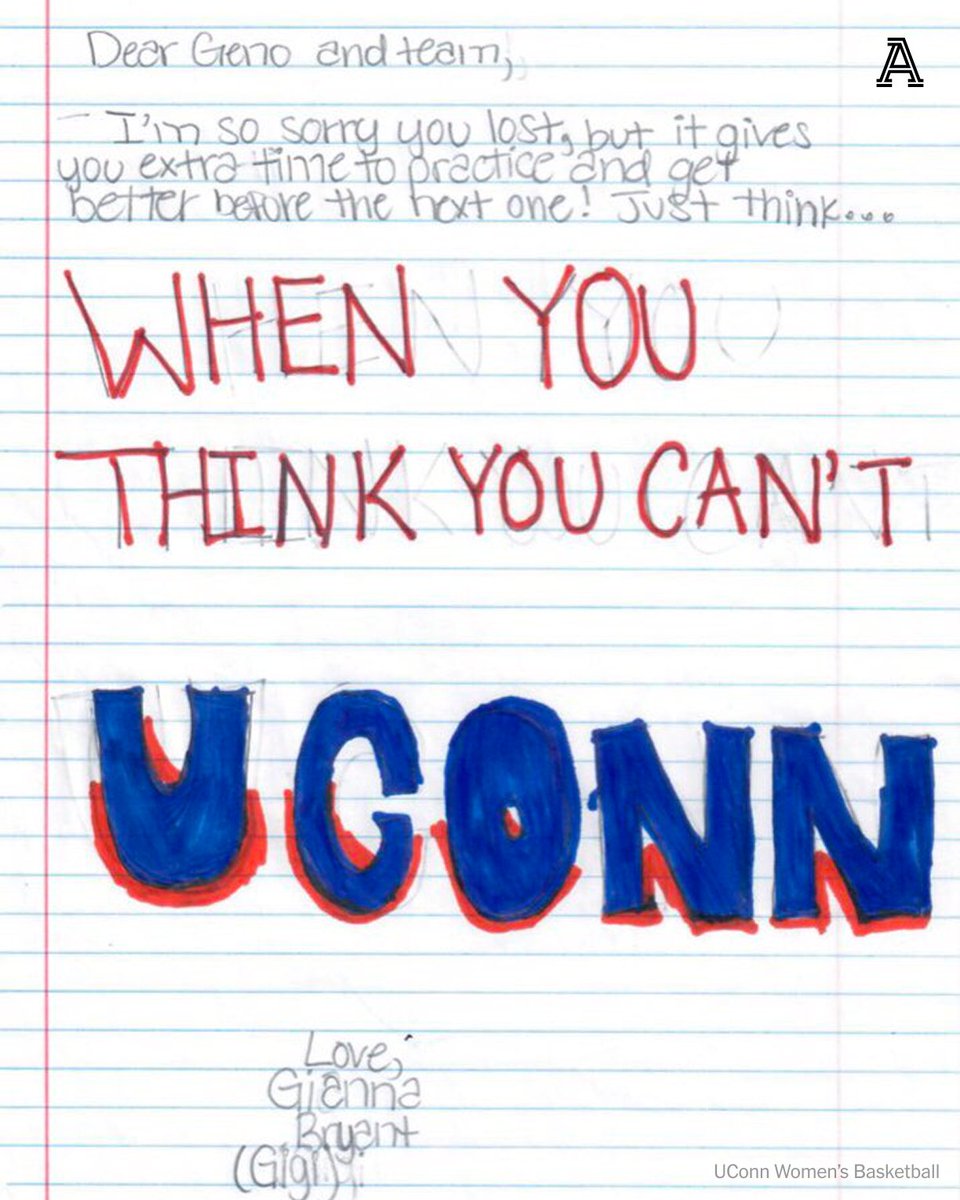 Gigi Bryant wrote to UConn after its Final Four loss in 2017.

After the Huskies' championship win on Sunday, Vanessa Bryant revived Gianna's special message.

"When you think you can't, UConn." 💙❤️