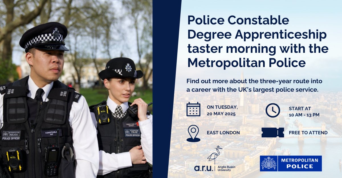 Degrees at Work | Anglia Ruskin University (@degreesatwork) on Twitter photo Thinking about a career in #policing? Join
@angliaruskin for a #PoliceConstable #DegreeApprenticeship taster morning with the
<a href="/metpoliceuk/">Metropolitan Police</a>
Get hands-on experience, meet the team, & explore the path to becoming a #Police Constable.
📅20 MAY | 10AM
🔗 aru.li/42i8tUq Thinking about a career in #policing? Join
@angliaruskin for a #PoliceConstable #DegreeApprenticeship taster morning with the
<a href="/metpoliceuk/">Metropolitan Police</a>
Get hands-on experience, meet the team, & explore the path to becoming a #Police Constable.
📅20 MAY | 10AM
🔗 aru.li/42i8tUq