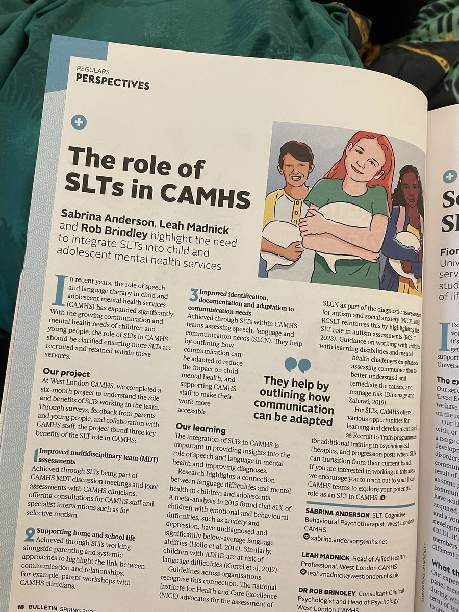 so pleased to see the <a href="/RCSLT/">RCSLT 💙</a> highlighting the positive impact SLT in CAMHS can have and how important it is for people to be accessing speech therapy in mental health services 🙌🏻