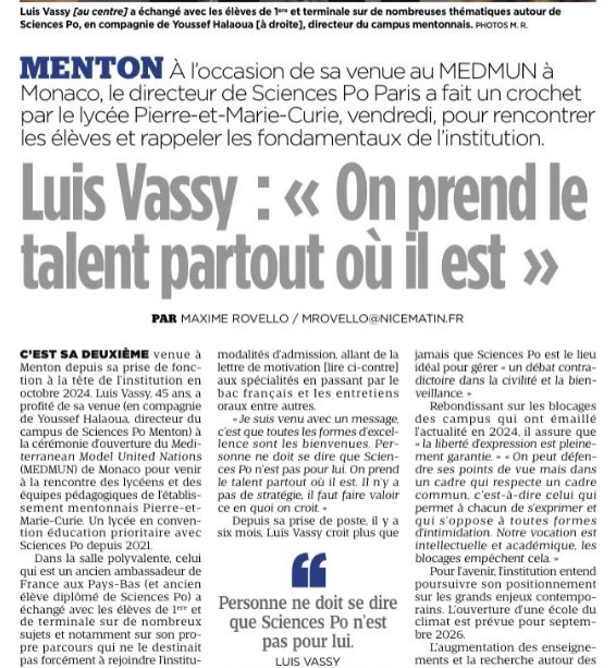 Luis Vassy (@lvassy) on Twitter photo Le talent est partout. CâĂ©tait mon message aux Ă©lĂšves du LycĂ©e Pierre et Marie Curie de Menton, dont <a href="/sciencespo/">Sciences Po</a> est partenaire dans le cadre dâune convention Ăducation prioritaire. Merci Ă <a href="/Nice_Matin/">Nice-Matin</a> dâavoir suivi ce dĂ©placement.
nicematin.com/politique/on-p⊠Le talent est partout. CâĂ©tait mon message aux Ă©lĂšves du LycĂ©e Pierre et Marie Curie de Menton, dont <a href="/sciencespo/">Sciences Po</a> est partenaire dans le cadre dâune convention Ăducation prioritaire. Merci Ă <a href="/Nice_Matin/">Nice-Matin</a> dâavoir suivi ce dĂ©placement.
nicematin.com/politique/on-pâŠ