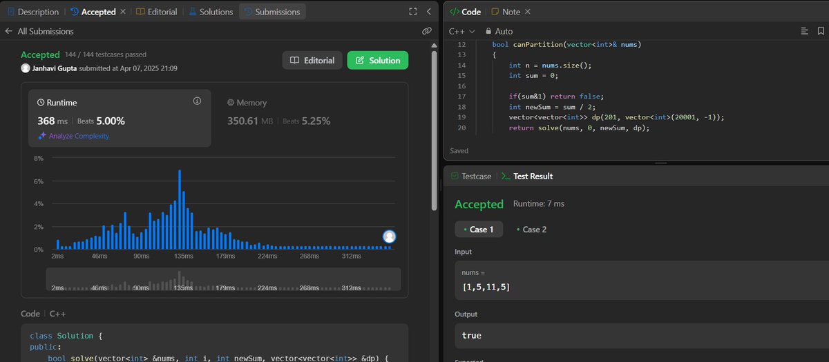 janhavigupta08's tweet image. #Day290         #_100DaysOfCode
#100DayCodingChallenge

@LeetCode POTD [ 416. Partition Equal Subset Sum ]