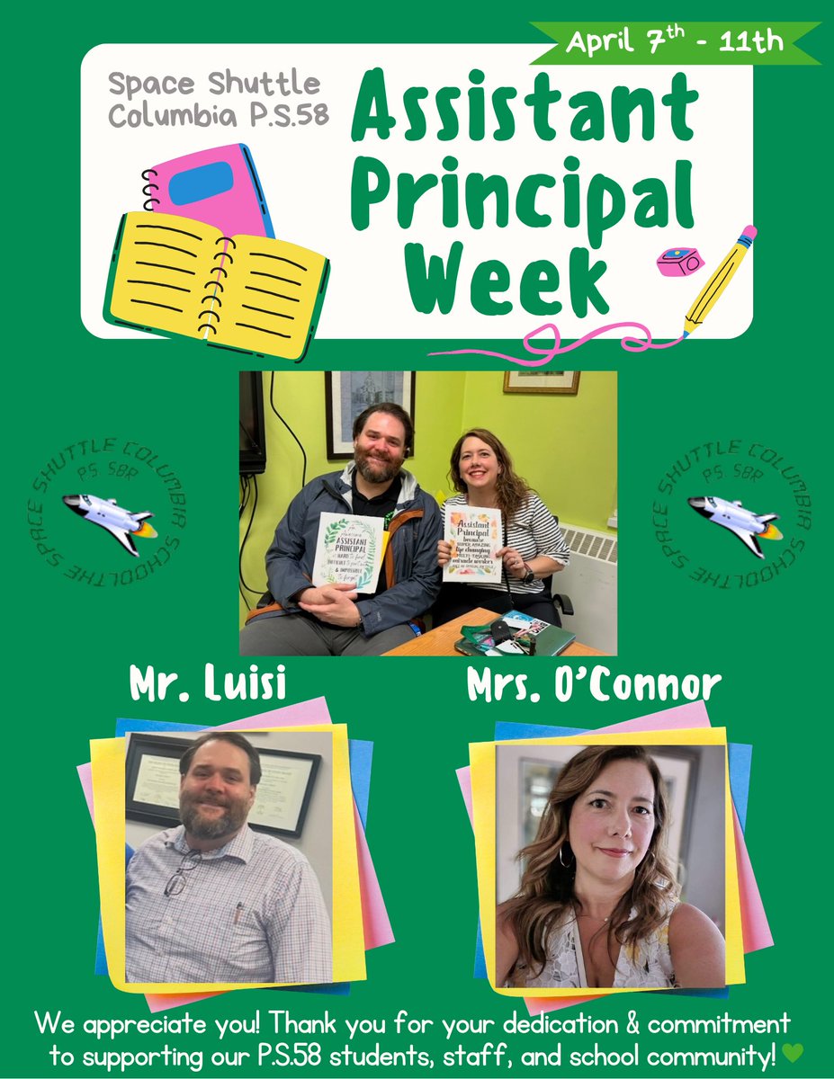 Happy Assistant Principal Week to two of the very best, Mr. Luisi &amp; Mrs. O’Connor!🍎📚 ✏️ We appreciate all that you to do to support our students, staff, and families! Thank you! #ItsGreatAt58 🚀🌟💚 <a href="/GregoryRocco58/">Gregory Rocco</a> <a href="/LAOConnor6/">Lori Ann O'Connor</a> <a href="/MrLuisiSSC58/">Joe Luisi</a> <a href="/CSD31SI/">CSD31StatenIsland</a> <a href="/DocPalton/">Doc Palton</a> <a href="/christineloug14/">Christine Loughlin</a>