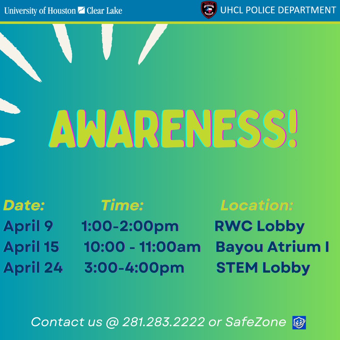 UHCL Police (@uhclpd) on Twitter photo April is Sexual Assault, Alcohol, and Distracted Driving Awareness Month along with National Crime Victim’s Rights Week on April 6 – 12. The UHCL PD will be providing resources throughout the month. #staysafeUHCL April is Sexual Assault, Alcohol, and Distracted Driving Awareness Month along with National Crime Victim’s Rights Week on April 6 – 12. The UHCL PD will be providing resources throughout the month. #staysafeUHCL