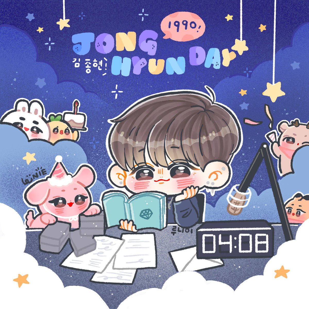 .。+ 𝑱𝒐𝒏𝒈𝒉𝒚𝒖𝒏 𝑫𝒂𝒚 오빠 사랑해💗

突然很想念鐘鉉以前在藍夜的日子，陪我度過無數個讀書的夜晚｡ °(°´ᯅ`°)° ｡所以畫了小小的藍夜電台🥹💗