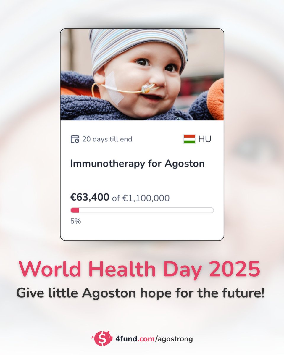 Healthy beginnings, hopeful future.

That's the theme of this year's #WorldHealthDay2025  – a reminder that every child deserves a healthy start and a chance for the future ❤️

Meet Ágoston, the boy diagnosed with leukaemia, and help save his life 👉 4fund.com/agostrong
