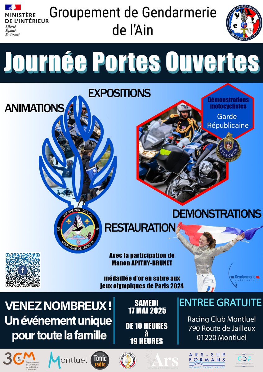 #SaveTheDate 

La gendarmerie de l'Ain organise une journée porte ouverte le 17 mai 2025 à Montluel.
✅ Animations
✅ Expositions
✅ Démonstrations...

Venez nombreux !