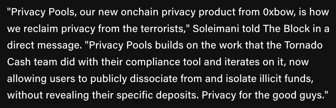 first of all, as I mentioned in this recent article by <a href="/TheBlock__/">The Block</a>, the <a href="/TornadoCash/">🌪️ Tornado.cash 🌪️</a> team should get credit for building the first version of the compliance tool that eventually became <a href="/0xprivacypools/">privacypools</a> 

Privacy for the good guys was always the plan!

theblock.co/post/348959/0x…
