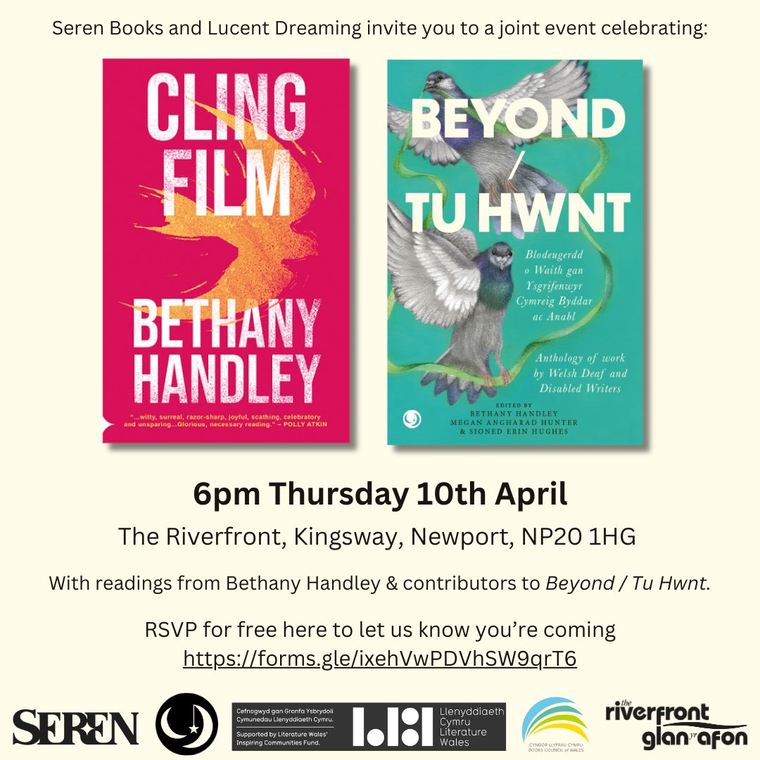 Lucent Dreaming (@lucentdreaming) on Twitter photo If you haven’t already, make sure you RSVP to this Thursday’s event with <a href="/SerenBooks/">Seren Books</a> and Bethany Handley to celebrate the launch of her debut poetry collection ‘Clingfilm’ and our anthology Beyond/Tu Hwnt 🕊️
forms.gle/orRfAmg1AThEDH… If you haven’t already, make sure you RSVP to this Thursday’s event with <a href="/SerenBooks/">Seren Books</a> and Bethany Handley to celebrate the launch of her debut poetry collection ‘Clingfilm’ and our anthology Beyond/Tu Hwnt 🕊️
forms.gle/orRfAmg1AThEDH…
