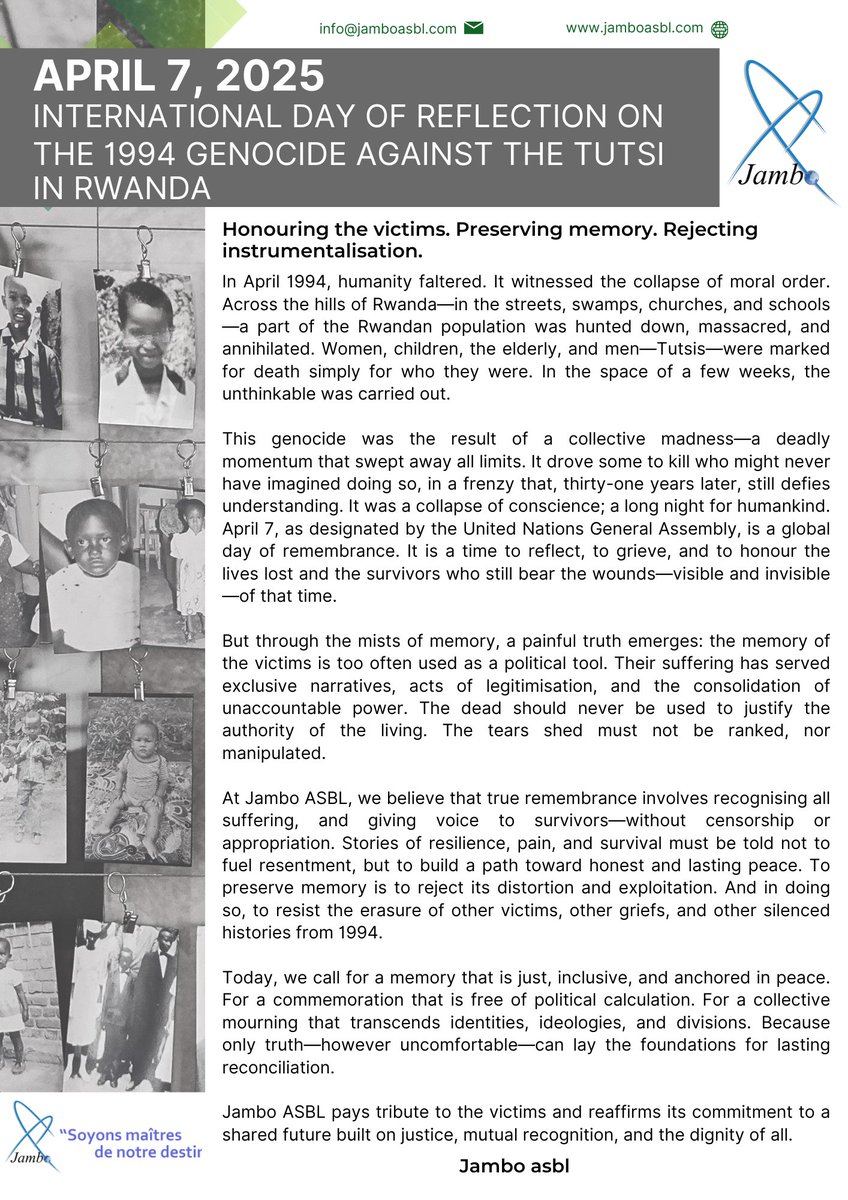 🇬🇧 🕯️𝐀𝐩𝐫𝐢𝐥 𝟕, 𝟐𝟎𝟐𝟓 
We honour the victims of the 1994 genocide against the Tutsi. 
We call for a just, compassionate, and inclusive remembrance — one that puts the victim at the centre, free from political misuse.
---------------------------
🇫🇷🕯️ 𝟕 𝐚𝐯𝐫𝐢𝐥 𝟐𝟎𝟐𝟓