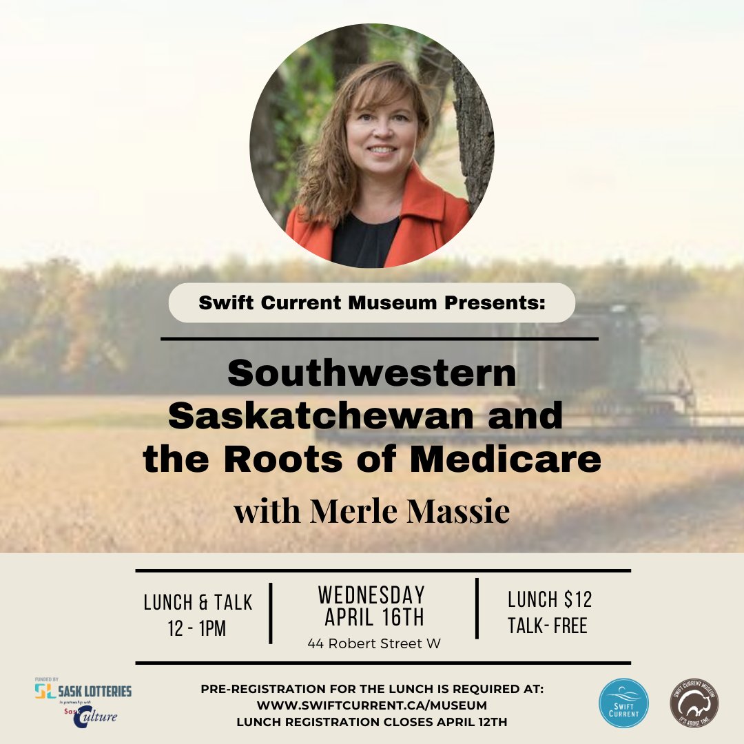 Join us for our April Lunch &amp; Learn which will be held Wednesday, April 16th from 12:00pm-1:00pm.
Merle Massie will be joining us to share about Southwestern Saskatchewan and the Roots of Medicare. It will be a wonderful talk focusing on our region and our history!
Please pre ...