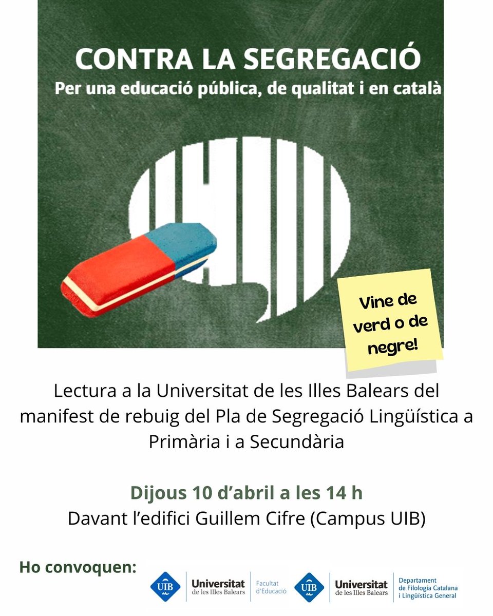 Fa 1 any de l’aprovació del pla d segregació lingüística en l’ensenyament a les Balears, impulsat per la Conselleria d'Educació. Només té el suport d'11 centres d primària  (concertats) de + de 300. Però la Conselleria vol introduir-lo també a secundària el curs 25-26. Diguem no.