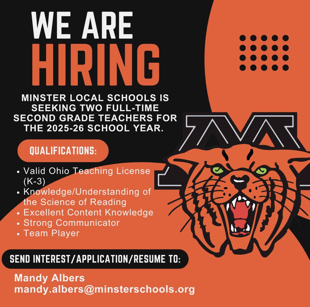 MinsterSchools's tweet image. Minster Elementary is hiring for the 2025-2026 school year. Please help spread the word!