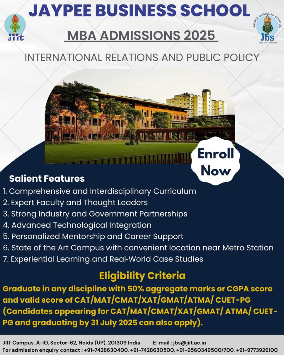 NoidaJBS's tweet photo. MBA Admissions 2025 now open! 
Join JBS for an MBA in International Relations &amp; Public Policy and get future-ready with expert faculty, strong industry links, and real-world learning.
Eligible with CAT/MAT/CMAT/XAT/GMAT/ATMA/CUET-PG scores.
Apply now. Lead tomorrow.
#jbsnoida https://t.co/1N41eVjIcC