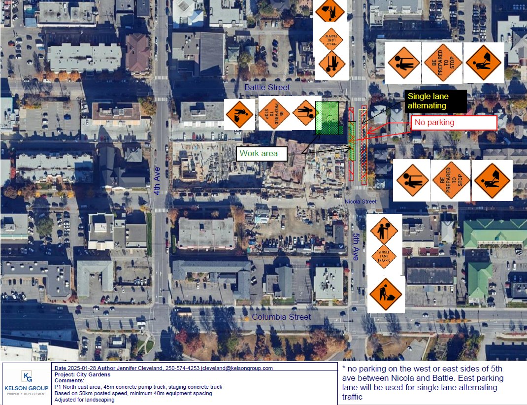 Downtown #Kamloops #traffic note for Tuesday, April 8:  Single Lane Alternating, Northbound+ Southbound, 5th Avenue Between Nicola Street &amp; Battle Street. #kammute