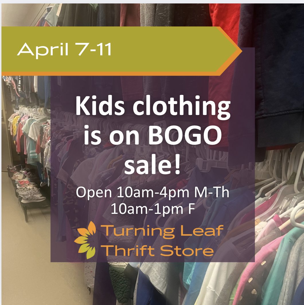 Spring is here! Are your kids growing like weeds? Come into CEAP's Turning Leaf Thrift Store where all kids clothing is Buy One Get One Free this week! 

All proceeds go right back into our safety net services!