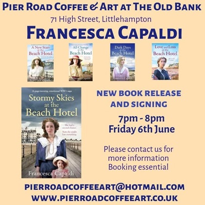 Francesca Capaldi Burgess Author (@fcapaldiburgess) on Twitter photo Delighted to announce that I'll be back <a href="/pierroadcoffee/">PierRoadCoffee&Art</a> in #Littlehampton on June 6 for the launch of Stormy Skies at the Beach Hotel, giving a talk & signing books. Do book a place well in advance, as I'm pleased to say that they always sell out. 😊
#HistoricalFiction Delighted to announce that I'll be back <a href="/pierroadcoffee/">PierRoadCoffee&Art</a> in #Littlehampton on June 6 for the launch of Stormy Skies at the Beach Hotel, giving a talk & signing books. Do book a place well in advance, as I'm pleased to say that they always sell out. 😊
#HistoricalFiction