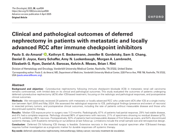 Yüksel Ürün (@dryukselurun) on Twitter photo Deferred nephrectomy after ICI in mRCC—fresh data!
🔘Pathology showed 96% of specimens with necrosis, 21% of specimens showing no residual disease (pT0), and 21% exhibiting ≥95% necrosis.
🔘54% off systemic tx post-op
🔘Safe in selected patients
⚠️ Limitations: small cohort, Deferred nephrectomy after ICI in mRCC—fresh data!
🔘Pathology showed 96% of specimens with necrosis, 21% of specimens showing no residual disease (pT0), and 21% exhibiting ≥95% necrosis.
🔘54% off systemic tx post-op
🔘Safe in selected patients
⚠️ Limitations: small cohort,