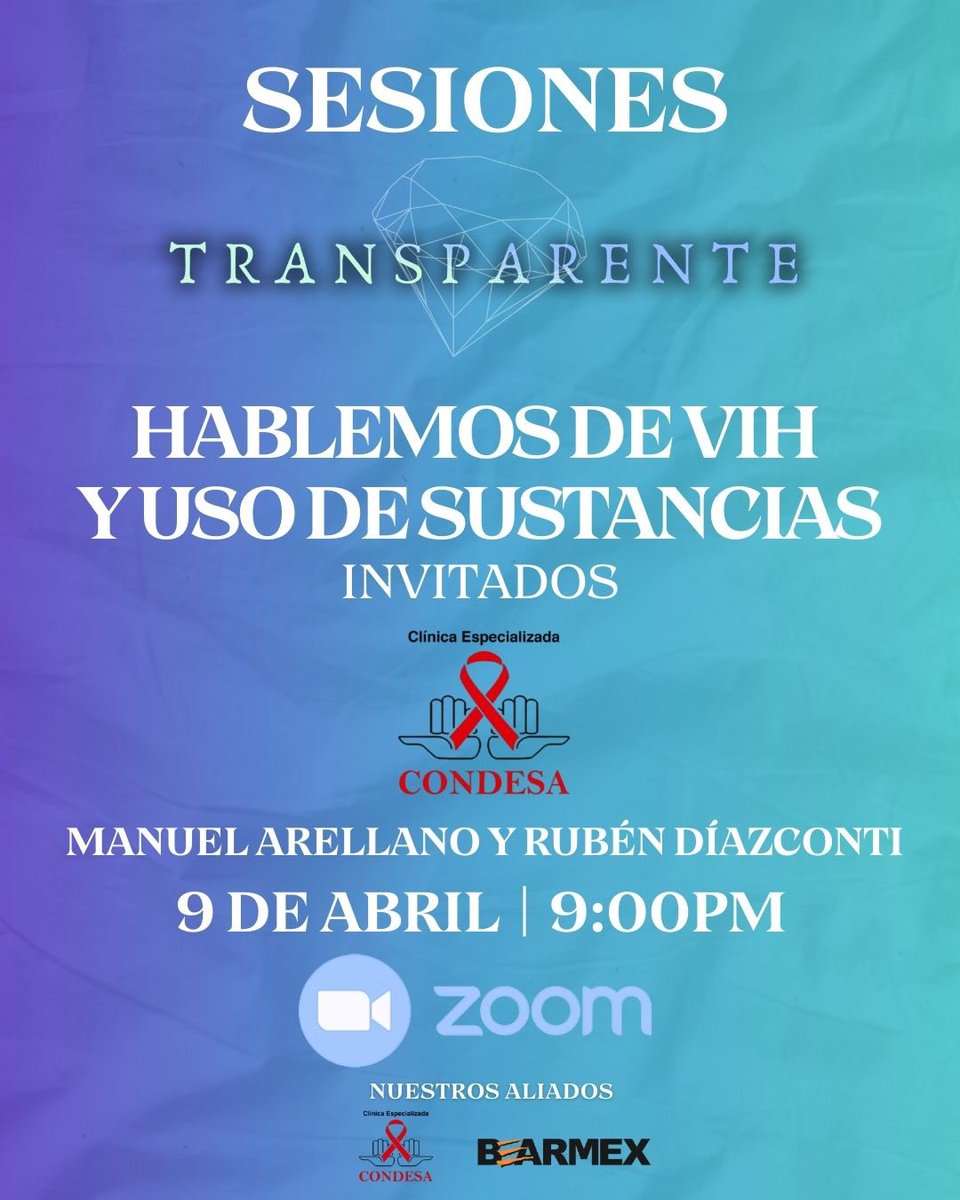 Esta semana en nuestra sesión semanal de zoom estarán presentes nuestros aliados de <a href="/CdmxClinica/">ClínicaCondesaCDMX</a> para charlar y sobre VIH y lo relacionado a consumo de sustancias. 
Para entrar solo mándanos un DM para compartirte la liga.
#vih #chemsex #meth