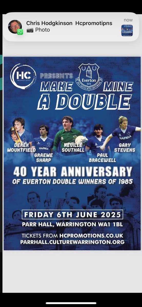 Fancy a good night out. Friday 6th June 2025 at Parr Hall Warrington. Five Everton Football Club legends 40th Anniversary tour. #Southall #Sharp #Stevens #Bracewelll #Mountfield check out hcpromotions.co.uk for tickets. <a href="/DegsyMount/">Derek Mountfield</a> <a href="/NevilleSouthall/">Neville Southall</a>