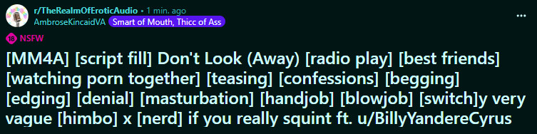 ❗New Audio❗
Two dudes play gay chicken and they both take it a little too far...
Starring: <a href="/BillyYandereVA2/">Billy Yandere 🔪💖 VA & Vtuber</a>  
Script by: u/sevensecondscripture
reddit.com/r/TheRealmOfEr…