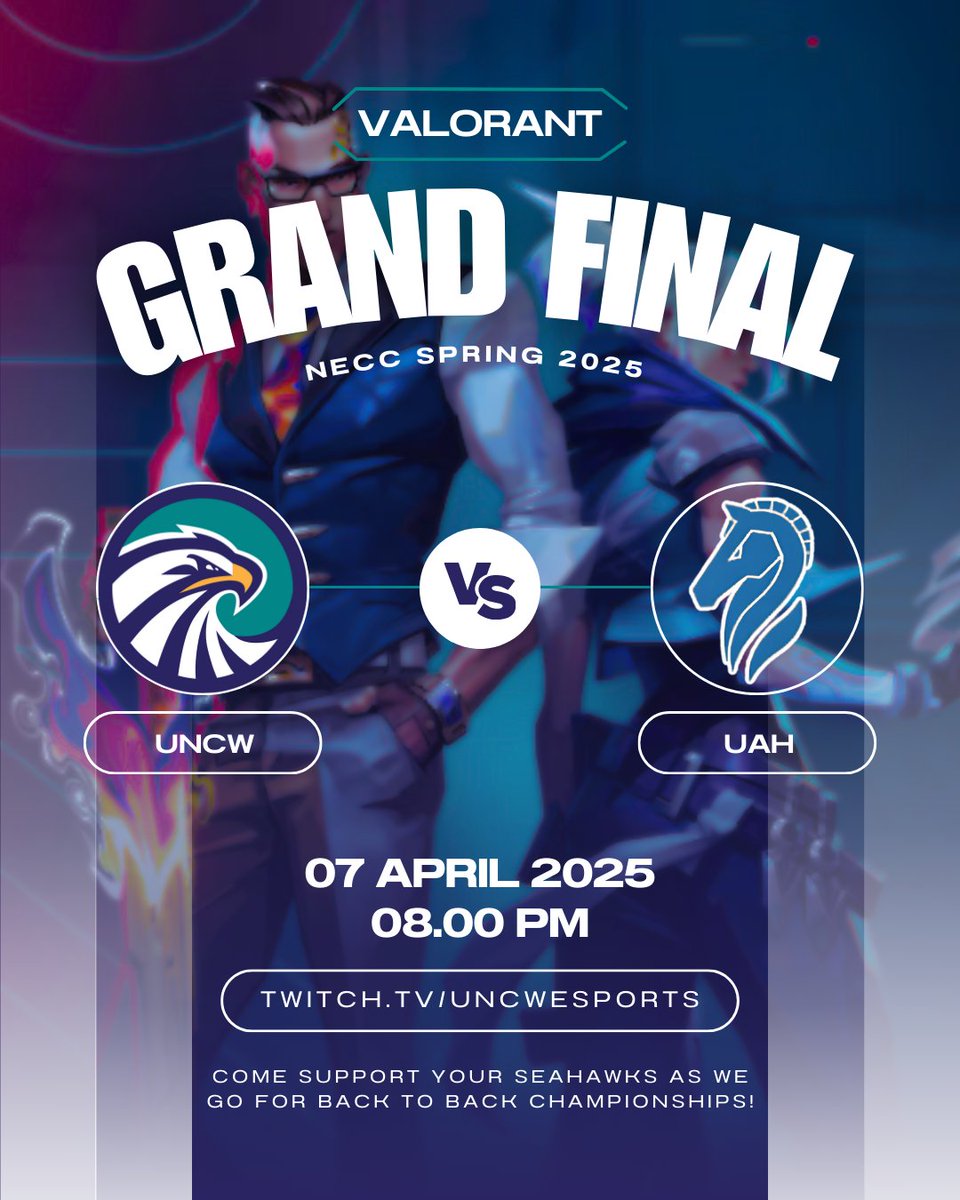 Join us tonight on twitch.tv/uncwesports at 8pm EST for the NECC Spring 2025 GRAND FINALS!!! Our #UNCW Seahawks take on The UAH Chargers to crown a Champion, and see if UNCW can take home the Championship for BACK-TO-BACK Seasons!

#valorant #valorantesports #valorantstream