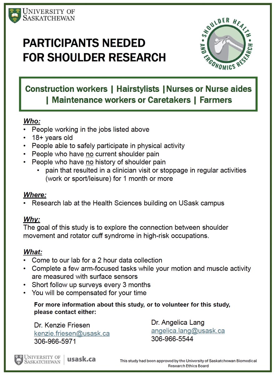 Kenzie Friesen (@kfreeze17) on Twitter photo Recruiting construction, maintenance, farm workers, nurses, and hairstylists to participate in our new study <a href="/usask/">U of Saskatchewan</a> <a href="/USaskCCRAH/">Canadian Centre for Rural and Agricultural Health</a>! We want to measure healthy shoulders 💪 and track any development of pain. Details below: Recruiting construction, maintenance, farm workers, nurses, and hairstylists to participate in our new study <a href="/usask/">U of Saskatchewan</a> <a href="/USaskCCRAH/">Canadian Centre for Rural and Agricultural Health</a>! We want to measure healthy shoulders 💪 and track any development of pain. Details below: