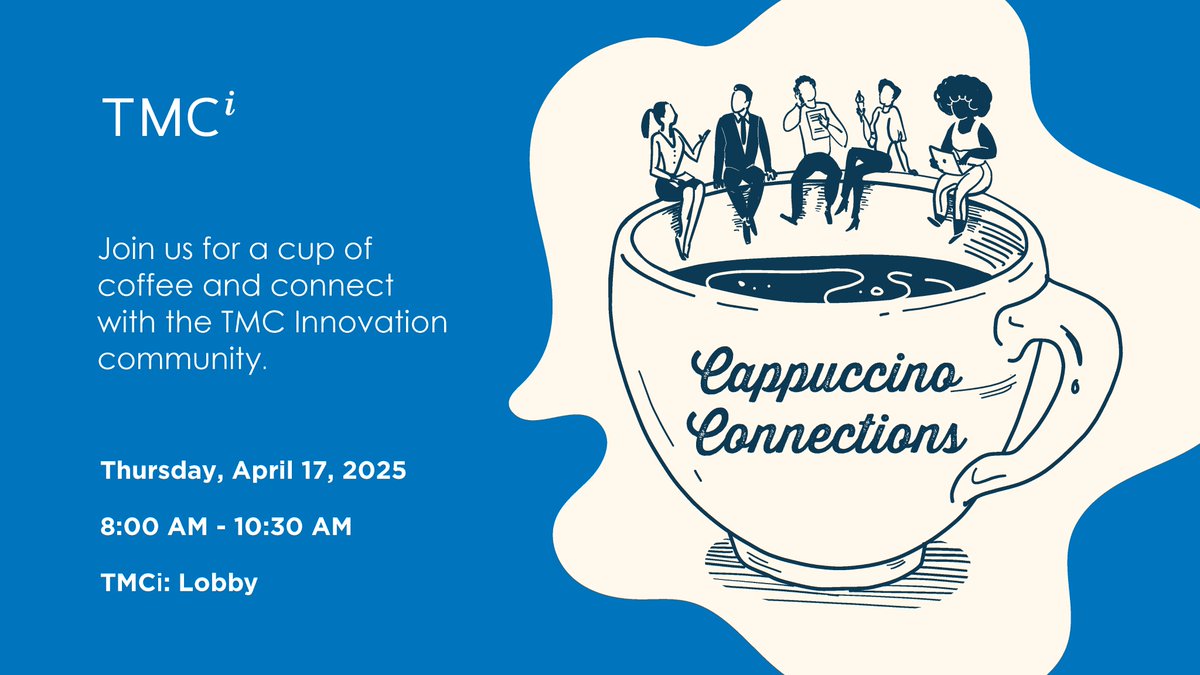 TMCInnovation's tweet image. Start your morning with innovation! Join us for Cappuccino Connections on April 17 at 8:00 AM at TMC Innovation Factory. Network with innovators, clinicians, and startup leaders over coffee.
#TMCInnovation #CappuccinoConnections #HealthTech #Networking