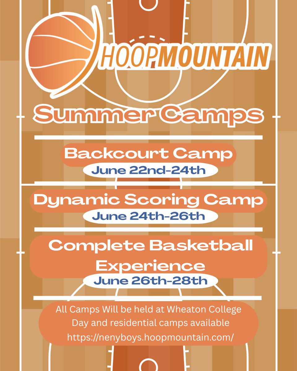 Our great summer camps we will be hosting at Wheaton College! For more information visit the website linked below:
nenyboys.hoopmountain.com