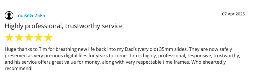 This morning, we received an outstanding review on our Yell advertisement following our recent work for a customer in Shenstone, Staffordshire. We revitalized their slides, ensuring they are preserved forever. Don't hesitate—reach out to me today, and let’s get started!