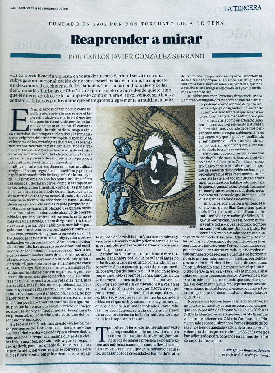 sanz_ismael's tweet photo. «Es imprescindible una detención pausada frente a lo que acontece. No sabemos luchar, nunca se ha vivido tanto y se ha vivido tan poco». Carlos Javier González Serrano https://t.co/bH70knxFVq